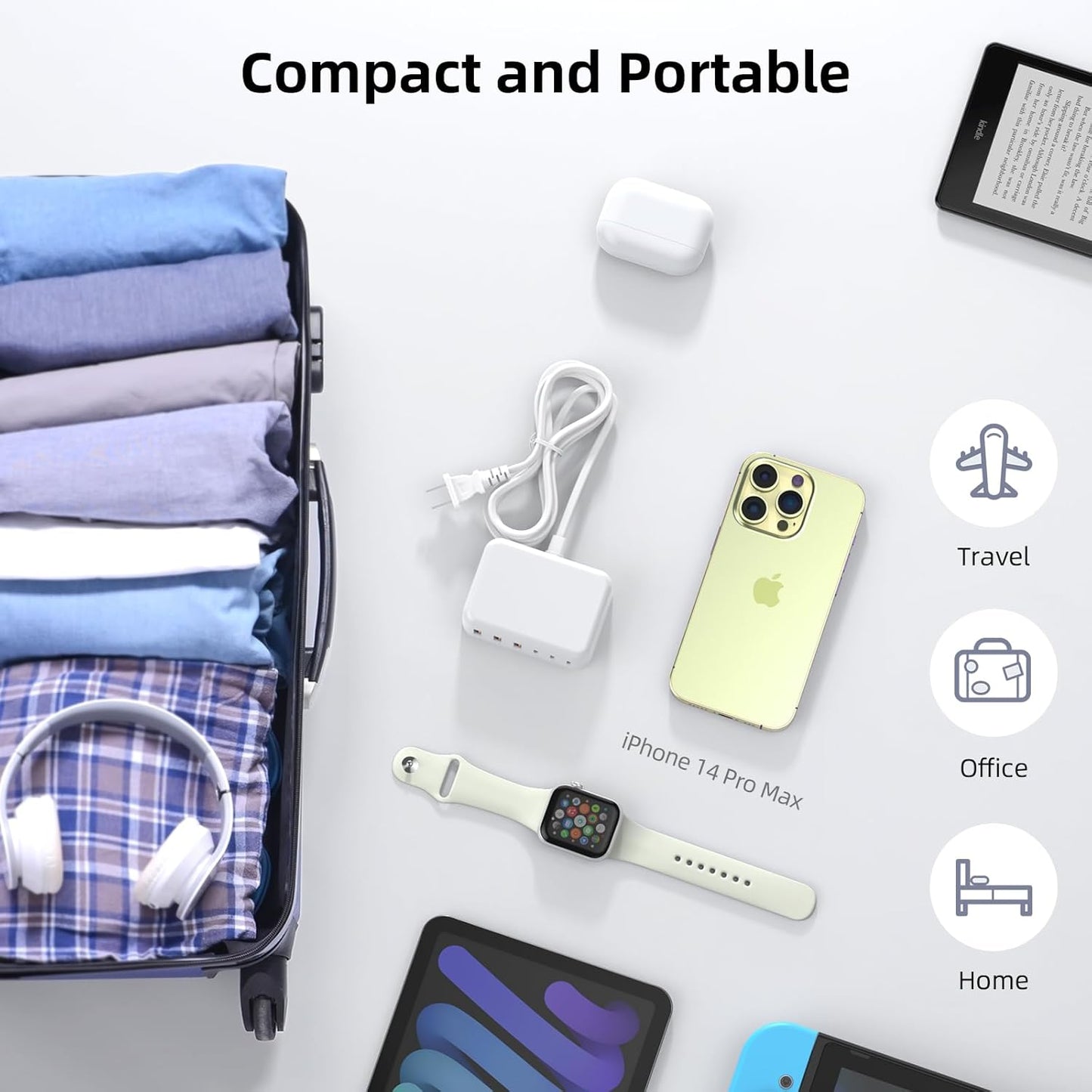 USB C Charger Block, 100W GaN 6 Port PD USB C QC USB A Wall Charger Adapter Plug Cube, Super Fast Type C Charging Station Hub for iPhone 16 15 14 13 12 Pro Max iPad Samsung Pixel 5ft Extension Cord