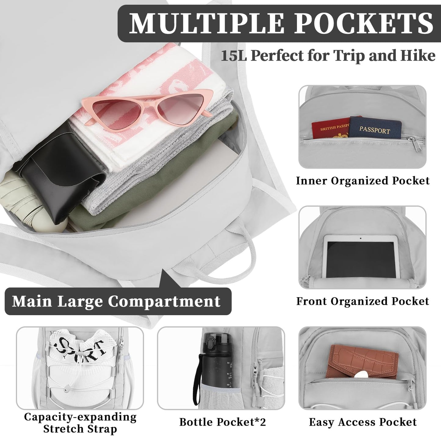 ZOMFELT Hiking Backpack for Women Men, 15L Lightweight Packable Backpack for Trip, Water Resistant Small Travel Backpacks, Foldable daypack for Hiking, Walking, Cycling, Camping, Grey