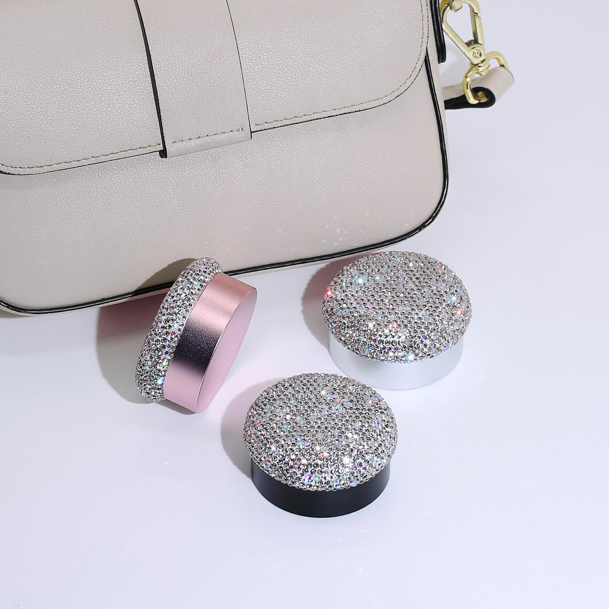 Small Pill Case 3 Compartments, Metal Round Portable Pill Box, Waterproof Travel Pill Organizer, Pocket Purse Medicine Vitamin Holder EDC Container (Black with Rhinestone)