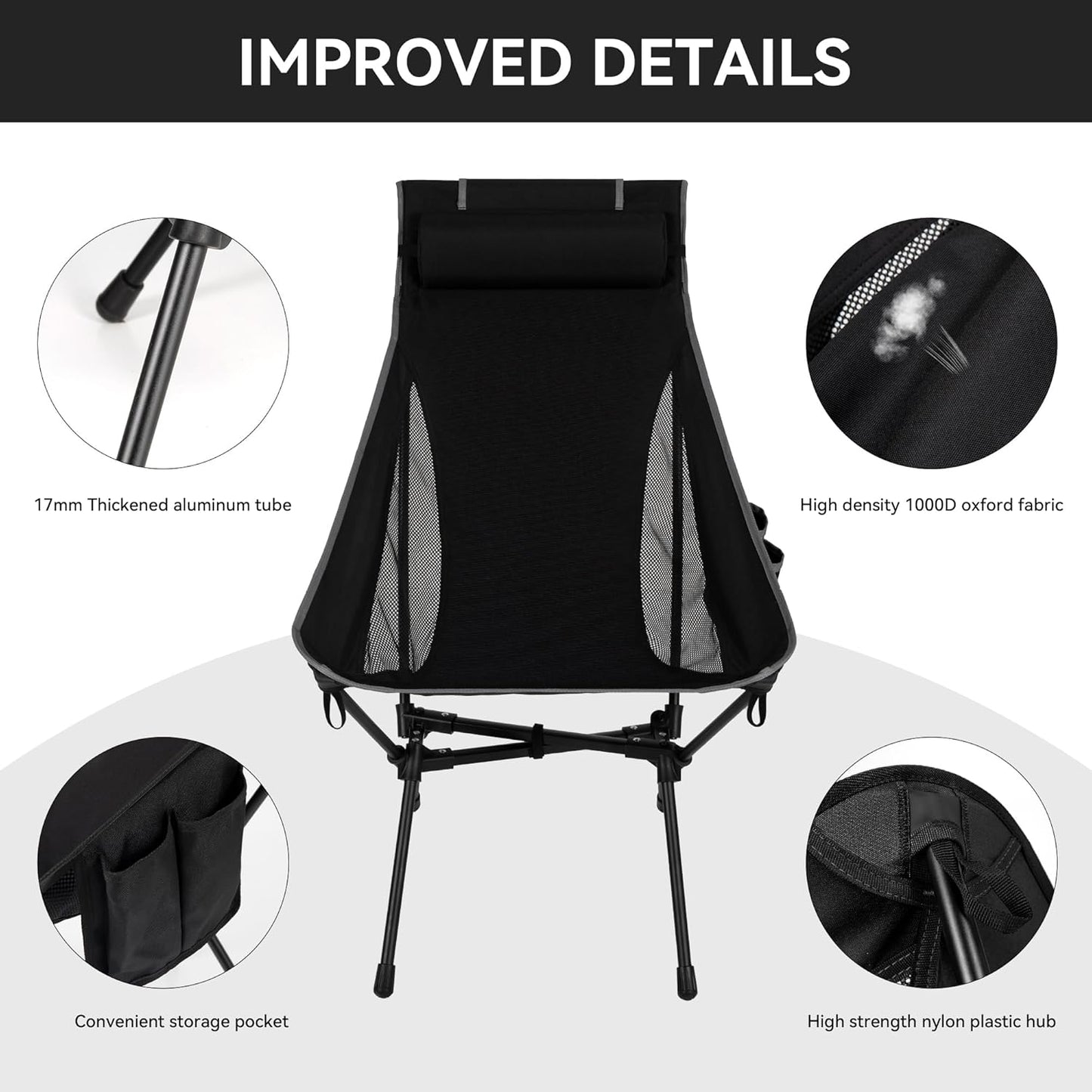 Portable High Back Camping Chair, Support Heavy Duty 440 lbs, Lightweight Folding Chair with Adjustable Pillow for Hiking, Beach, Backpacking