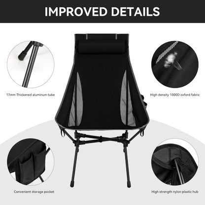 Portable High Back Camping Chair, Support Heavy Duty 440 lbs, Lightweight Folding Chair with Adjustable Pillow for Hiking, Beach, Backpacking