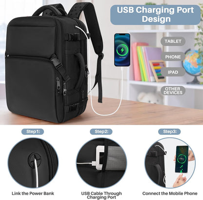 Travel Backpack Carry On Flight Approved, Lightweight Large Travel Backpack, Expandable with USB Charging Hole, Waterproof Causal Bookbag for Travel Work College Fits 17 inch Laptop, Black