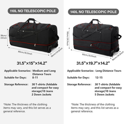 Vomgomfom 32" Soft-Sided Foldable Wheeled Travel Duffel Bag,Expandable 110L to 140L Rolling Cargo Bag with 2 Wheels and Multiple Pockets,Black-red