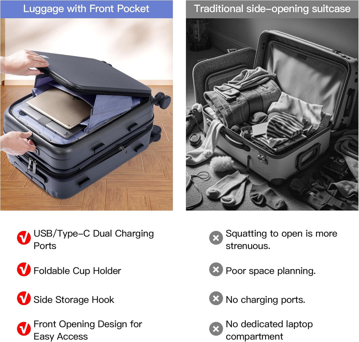 BISON DENIM 20 Inch Carry On Luggage, PC Lightweight Hardside Expandable Carry-On Luggage Airline Approved With Spinner Wheels, Front Compartment, Cup Holde, TSA-approved Lock, USB Port, Dark Grey