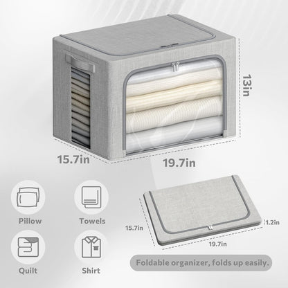 4 Pack Clothes Storage Bins with Metal Frame - Linen Fabric Foldable Stackable Container Organizer Set with Clear Window & Carry Handles & Zippers (Light Grey, 19.7"x15.7"x13")