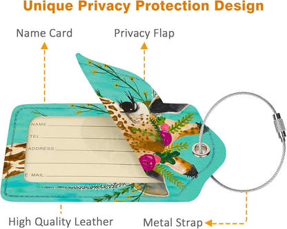 2 Pack Luggage Tag for Suitcase, Cute Unique Leather Bag Tags Identifiers Privacy Cover ID Label with Durable Steel Loop for Women Men Kids Girls Travel, Giraffe