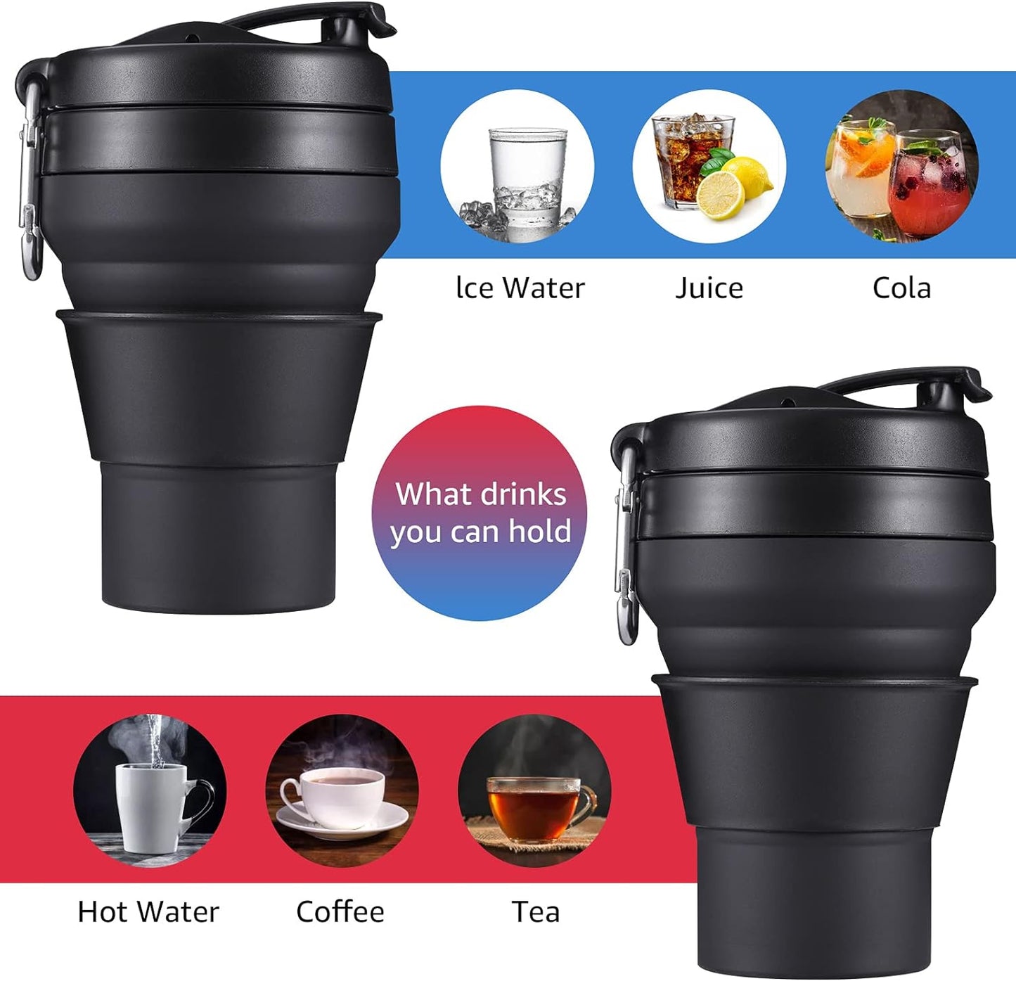 Collapsible Coffee Cup, 2 Pack 16 OZ 480ml Silicone Travel Folding Cup, Leak Proof BPA Free Portable Cup, Travel mug with Lids for Camping hiking (2 * 16OZ)