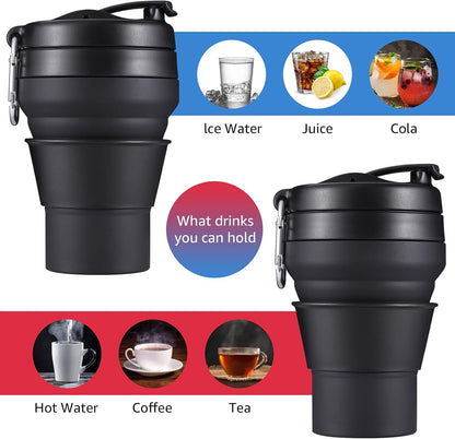 Collapsible Coffee Cup, 16 OZ 480ml Large Silicone Folding Camping Mug, Leak Proof BPA Free Portable, Travel Bottle with Lids for hiking, Microwave & Dishwasher Safe (Black)