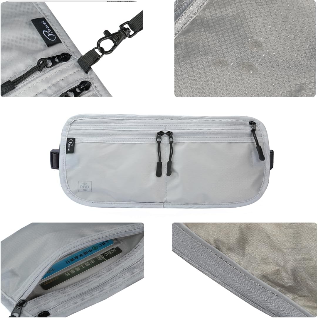 Travel Passport Holder 【1 PACK】2 in 1 Slim RFID Blocking Travel Money Belt for Men & Women, Hidden Neck Wallet for Credit Cards, Documents & Cash, Fanny Pack, MA-MO (Light Gray)