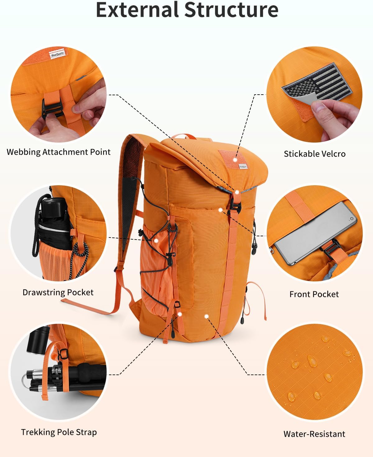 Blue Quartz Hiking Backpack 30L Lightweight Packable Backpack for Travel, Water Resistant Foldable Daypack for Women Men, Orange