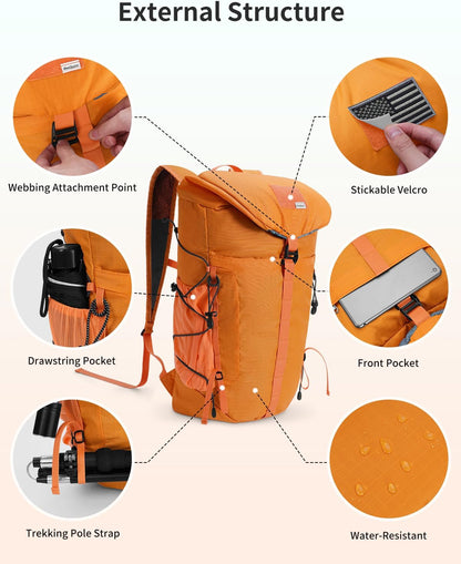 Blue Quartz Hiking Backpack 30L Lightweight Packable Backpack for Travel, Water Resistant Foldable Daypack for Women Men, Orange