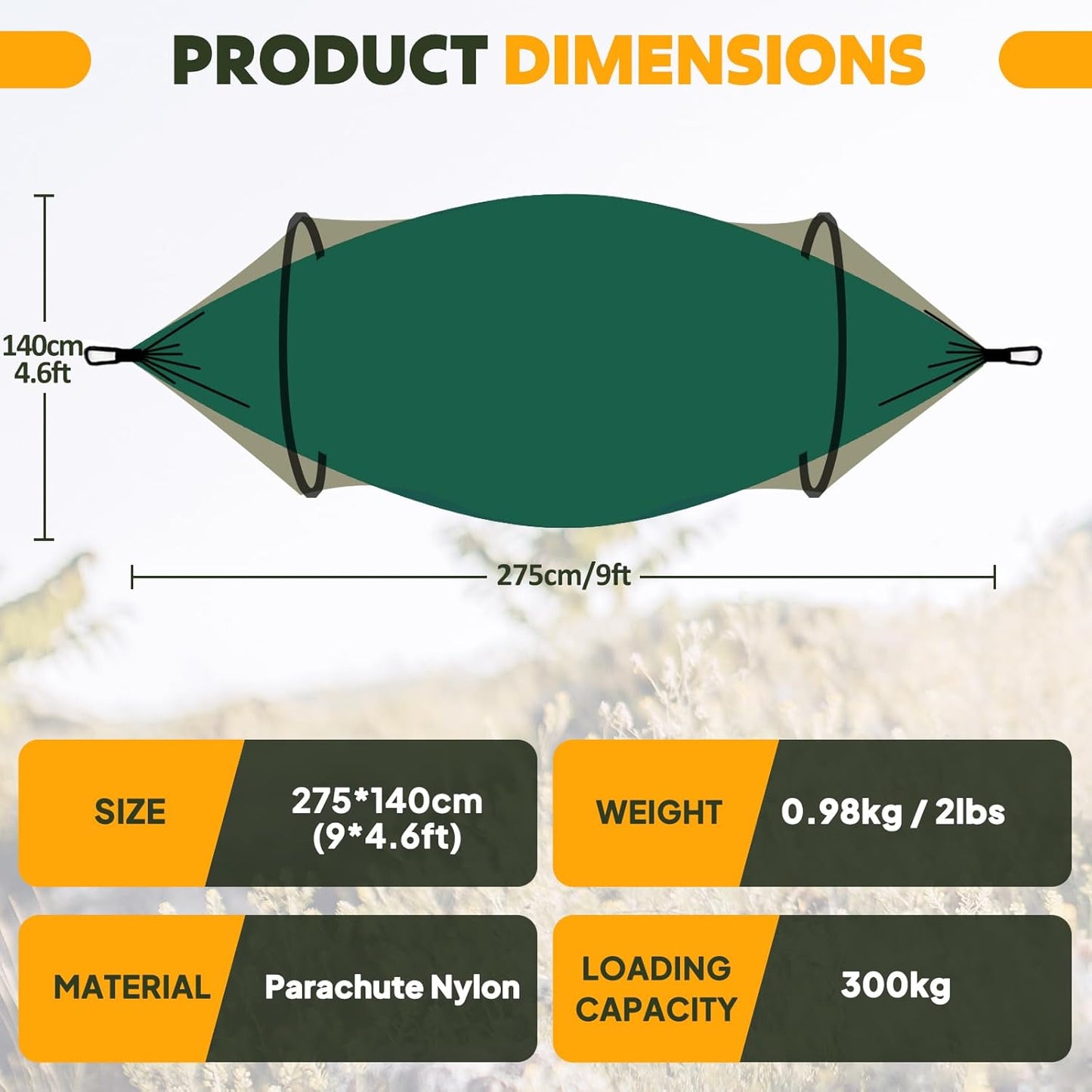 Chihee Ultra-Light Travel Camping Hammock Pop-up Net Hammock 660lbs Load Capacity,Breathable,Quick-Drying Parachute Nylon 2 Premium Carabiners,2 Tree Slings Included for Outdoor Backpacking Hiking