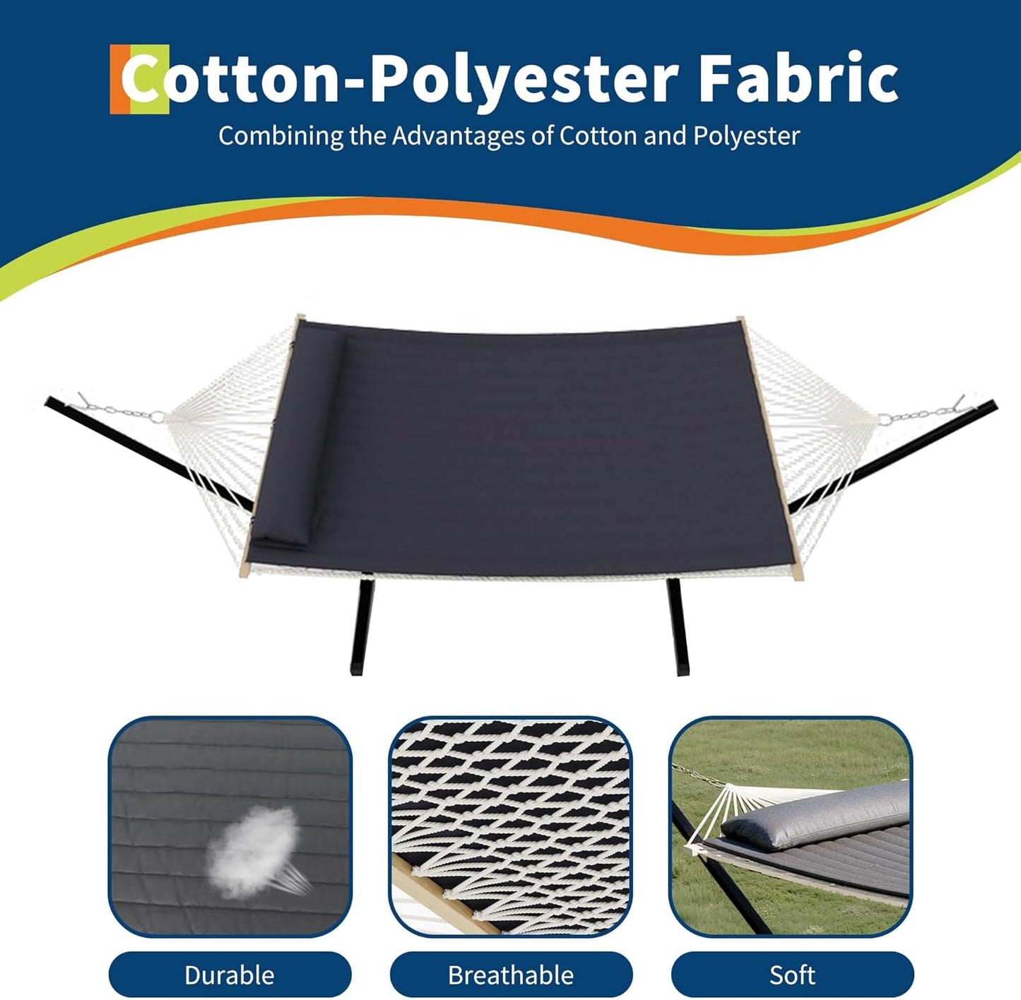 Hammock with Stand for Outside, 2 Person Portable Hammock with Breathable Cotton Rope & Quilted Pad, 475 Lbs Capacity, Perfect for Outside, Patio, Garden, Beach, Backyard