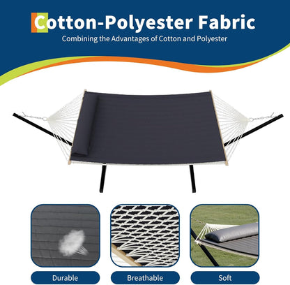 Hammock with Stand for Outside, 2 Person Portable Hammock with Breathable Cotton Rope & Quilted Pad, 475 Lbs Capacity, Perfect for Outside, Patio, Garden, Beach, Backyard