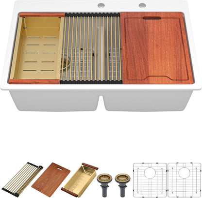 33 Inch Quartz Drop In White Kitchen Sink-Donsdey Double Bowl Topmount Granite Composite Workstation Sinks Double Basin Large Bowl Hard and Durable Noise Reduction Luxury Accessories