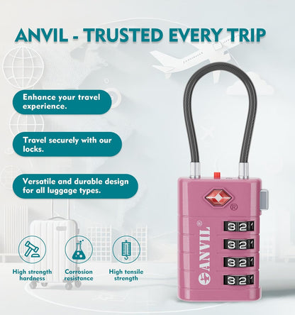ANVIL 4 Digit Luggage Locks, TSA Locks for Luggage, Advanced TSA008 core, Alert Indicator for Your Travel Lock, Suitcase Lock. (2, Rose Purple)