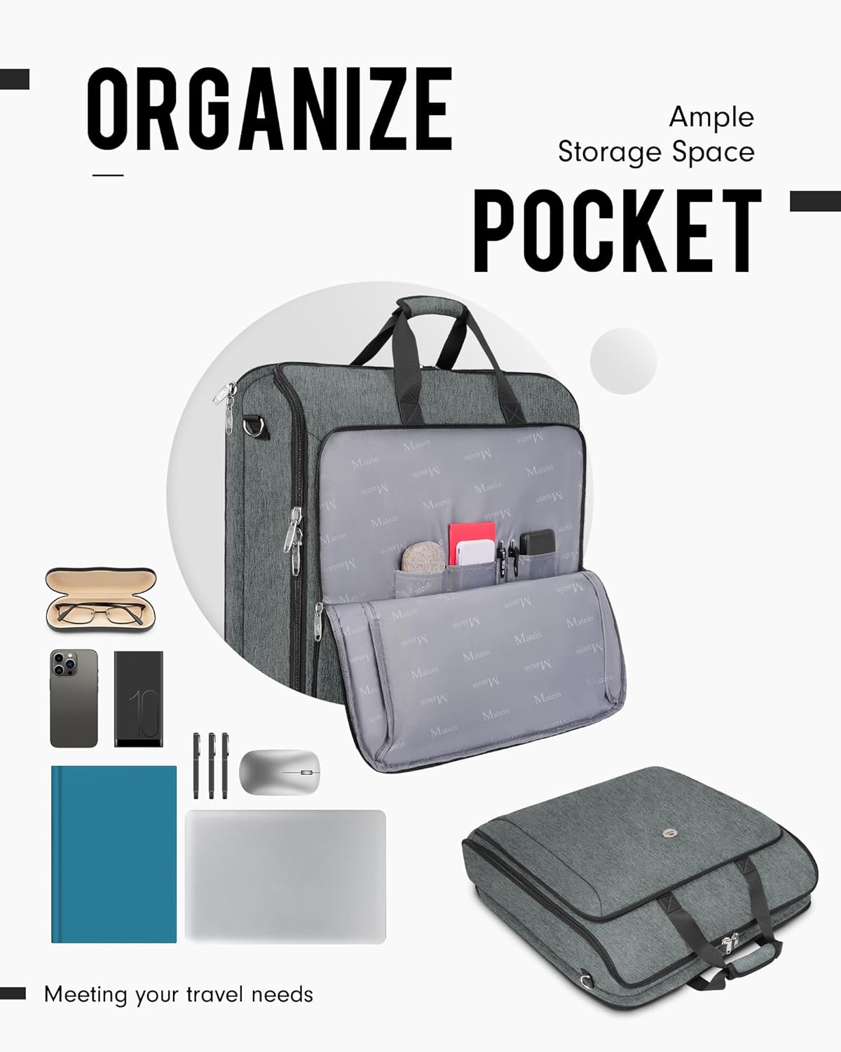 MATEIN Travel Garment Bag, Double Layer Folding Suit Bag with Adjustable Strap for Business Trips, Large Waterproof Wrinkle Free 2 in 1 Hanging Suitcase Cover Luggage for Shirts Dresses Coats, Grey