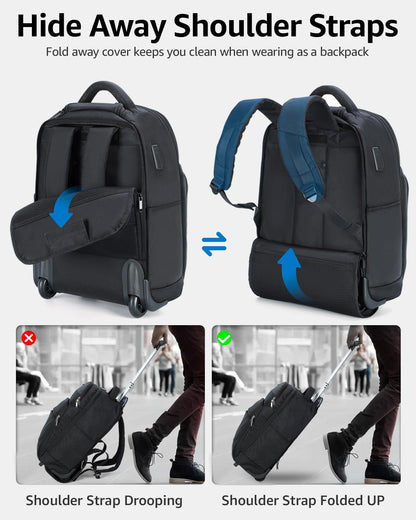 Rolling Backpack, 30L Travel Laptop Backpack with Wheels, 15.6 Inch Roller Carry on Luggage with USB Charging Port, Flight Approved Personal Item Wheeled Suitcase for Men Women Adults, Black