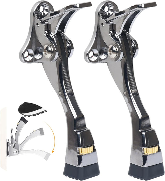 2 Packs Heavy Duty Kickdown Door Stopper, One Touch Adjustable Kickdown Door Stop for Heavy Doors, 4 in Metal Door Kickstand with Rubber Tip & Wall Protectors for Wide Doors- Sliver