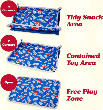 Lusso Gear Kids Airplane Tray Cover with Pockets - Airplane Essentials for Toddlers - Kids Travel Tray for Plane or Train - Organize Toys, Snacks - Tablet Holder - Flying Must Have (Dinos)