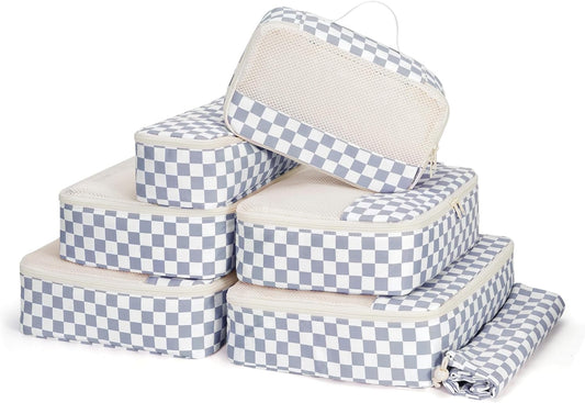 Narwey 7 Set Checkered Packing Cubes for Travel Carry on Suitcase Luggage Organizer Bags for Kids Women Men, Durable Packing Organizers Bag, Travel Essentials Accessories (Grayish Blue Checkerboard)