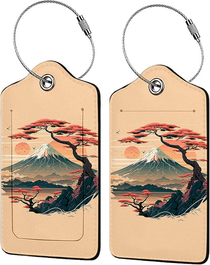 Mount Fuji and Sea 2 Pack Luggage Tag for Suitcase, Leather Bag Tags Identifiers Privacy Cover ID Label with Steel Loop for Women Men Kids Girls Travel