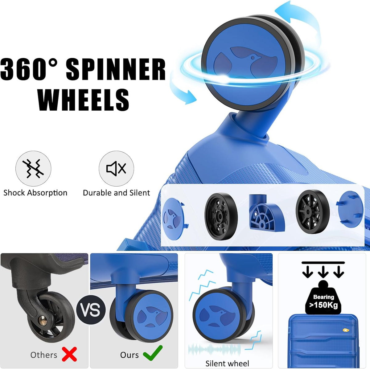 Luggage Sets 3 Piece, Hard Shell Luggage Sets with Spinner Wheels, PP Lightweight & Durable Suitcases with TSA Lock, Hardside Travel Suitcase Sets (20/24/28 inch), Blue