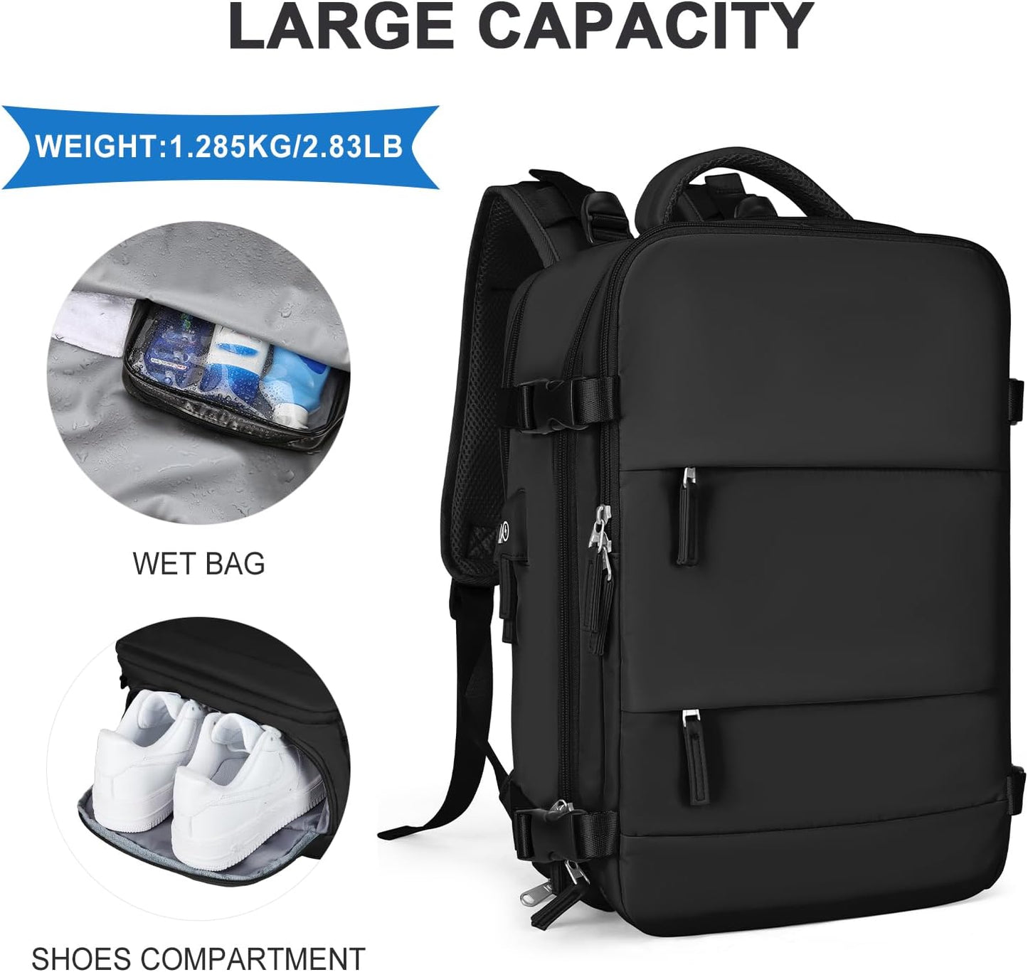 coowoz Large Travel Backpack For Women Men,Carry On Backpack Flight Approved,Hiking Backpack Waterproof Outdoor Sports Rucksack Casual Daypack Fit 15.6 Inch Laptop Shoes Compartment (Black)