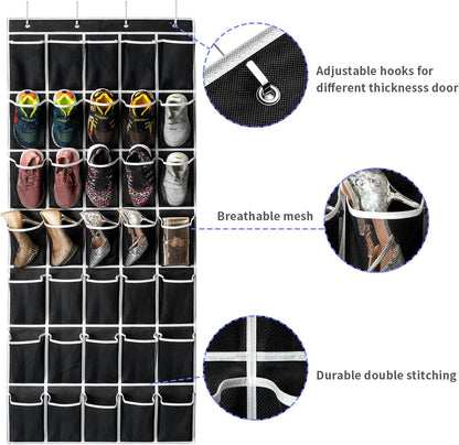 35 Pockets Over the Door Shoe Organizer, Hanging Shoe Organizer for Door with 35 Mesh Pockets Large Capacity Shoe Hanging Storage Bag with 4 Metal Hooks (Black-1Pack)