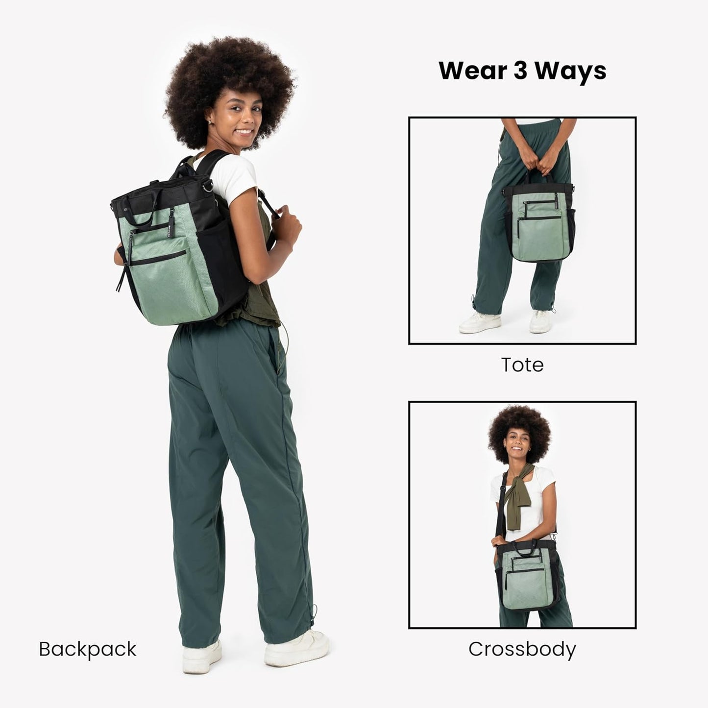 Sherpani Soleil, Anti Theft Convertible Backpack, 3 in 1 Tote Bag, Cross Body Purse, 18L Travel Backpack, Travel Gifts for Women, RFID Protection, Metal Hardware Fits 13” Laptop (Aloe Mist)