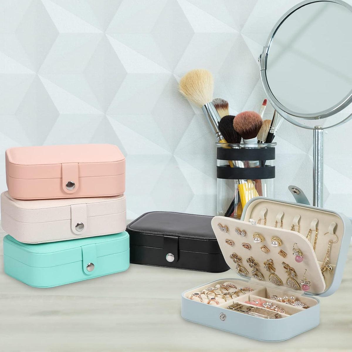 Travel Jewelry Box, PU leather Small Jewelry Organizer For Female Girls, double layer portable mini travel case for storing earrings, rings, necklaces.(Blue)