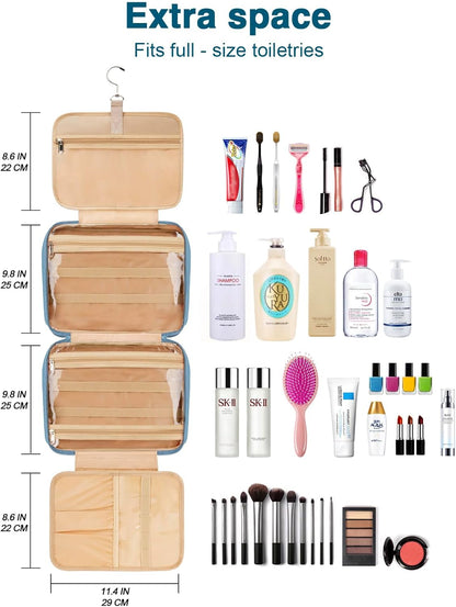 Women's Hanging Toiletry Bag, Waterproof Travel Cosmetic Organizer with Jewelry Storage, Large Capacity Makeup Case for Full-Size Skincare & Bathroom Essentials, Portable Cosmetic kit, Blue