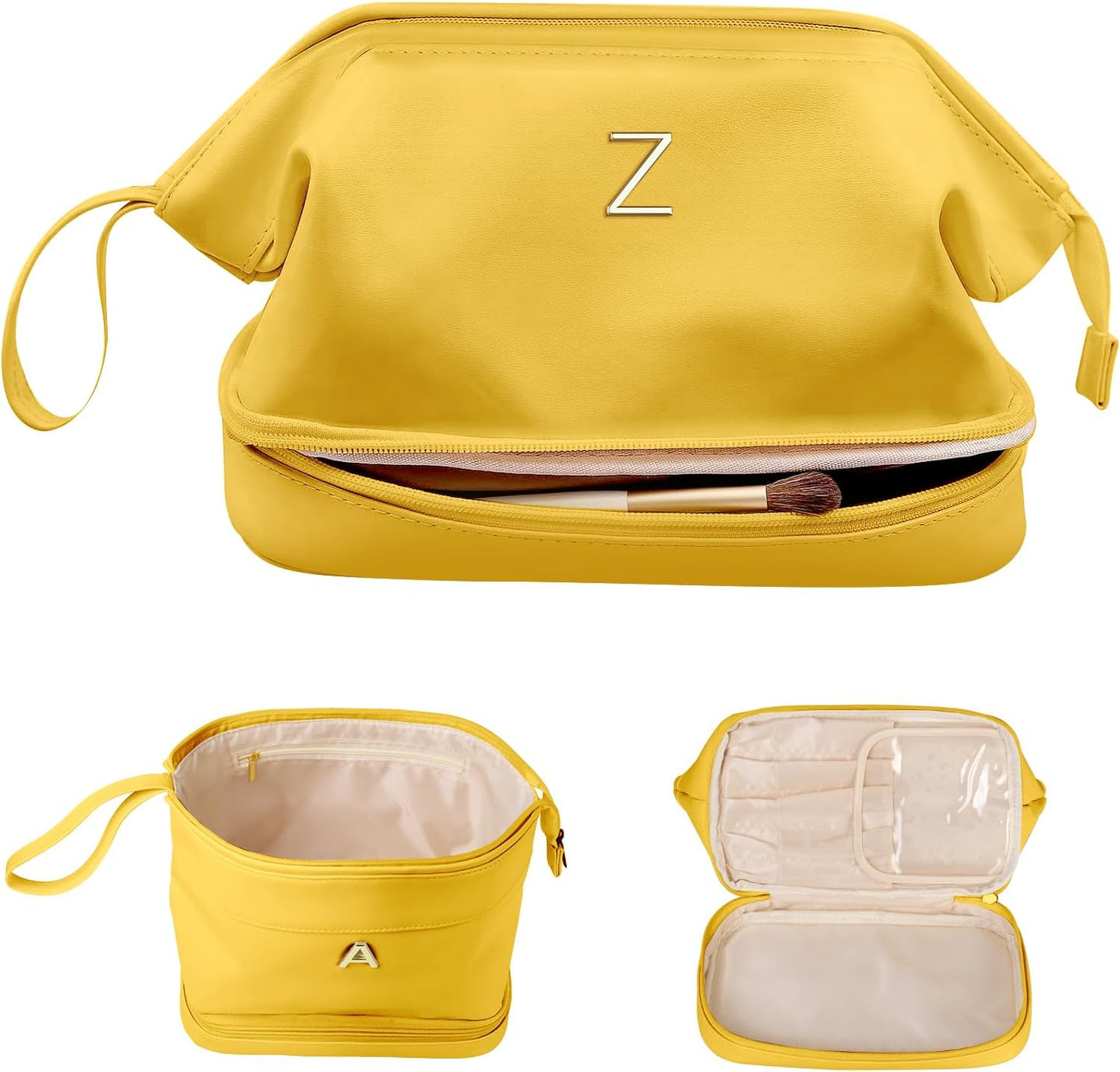 Gift Ideas for Mom, Initial Makeup Bag, Travel Gifts, Personalized Bags, Waterproof Double Layer Cosmetic Bag, Large Capacity PU Leather Makeup Bags Letter Travel Toiletry Bag, Friend Gifts