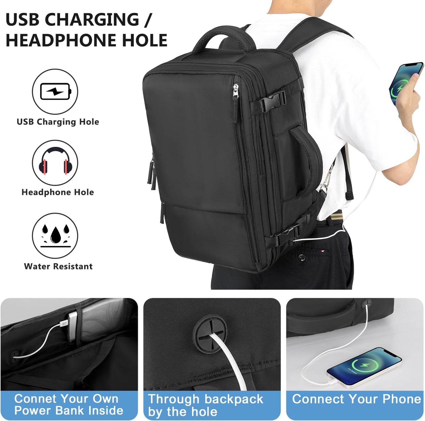 Travel Backpack for Women, Large Carry On Backpack for Travel, Waterproof Backpack Personal Item, Backpack for Women, laptop backpack 17.3 inch, College Bag Casual Daypack, Black