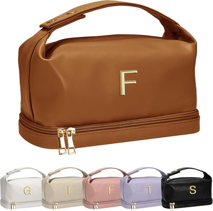 Gifts for Women Birthday, Personalized Makeup Bag Organizer with Handle, Initial Double Layer Cosmetic Bag with Makeup Brush Organizer, Cute Cosmetic Pouch for Women, Gifts for College Girls