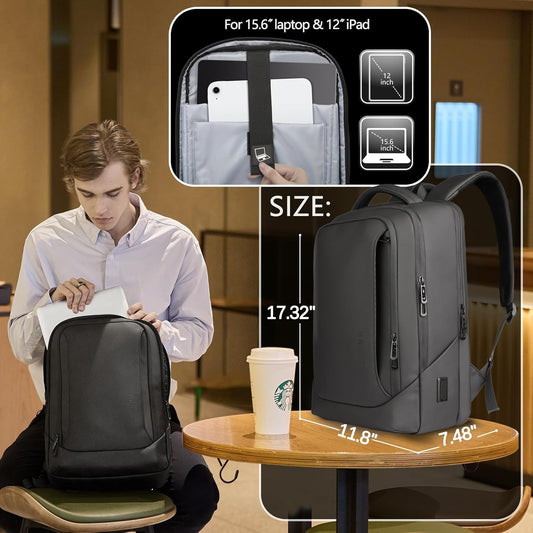 hk Laptop Backpack for Men with USB Charging Port Water-Resistant for 15.6 Inch Computer Bag Durable High-Tech Daypack Casual Backpack for Business Work College Weekender Travel-Black