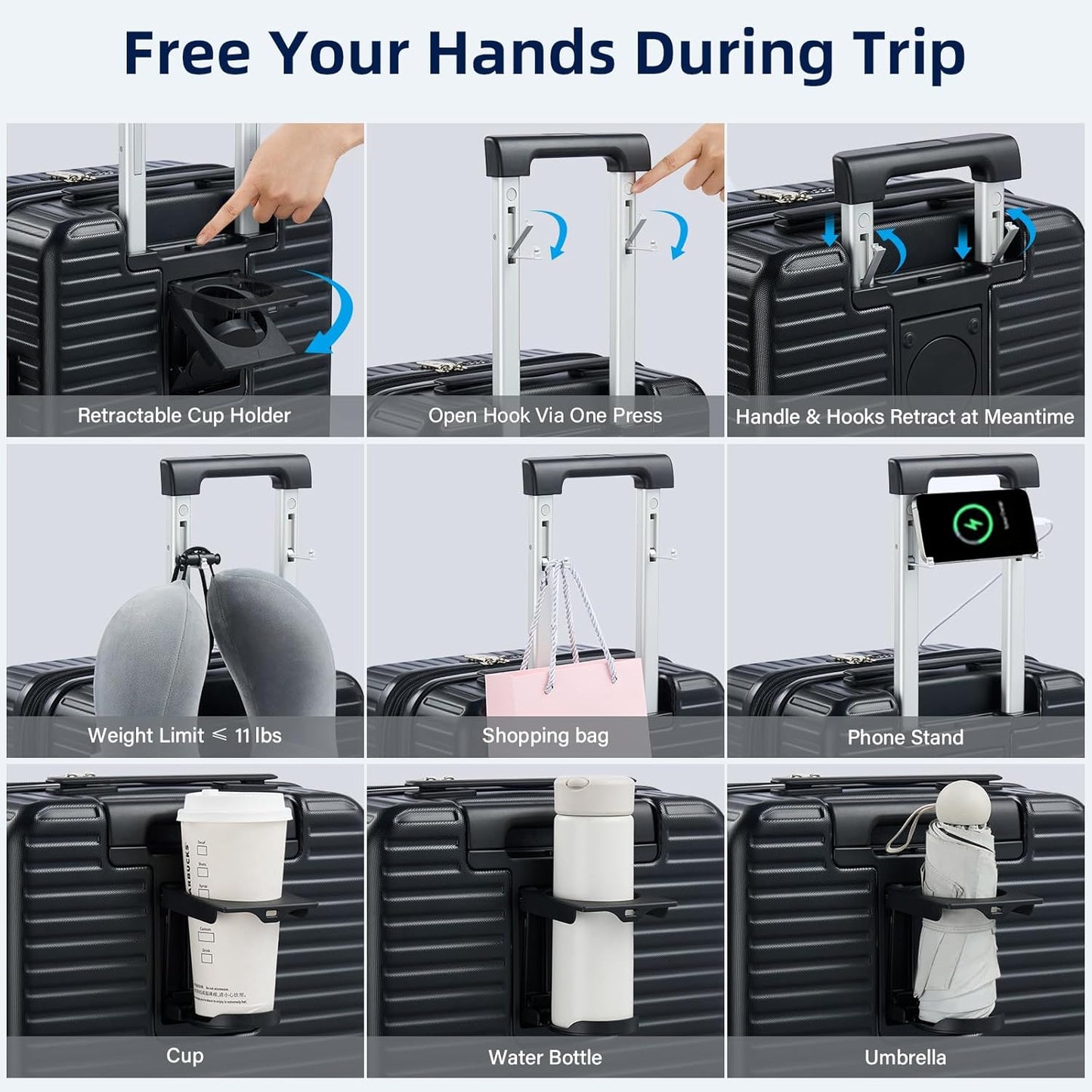 Hard Shell Suitcases Airline Approved 20 Inch Carry on Luggage with Wheels, Expandable Travel Luggage with Cup Holder Charger Built in Lightweight Small Suitcase, Black