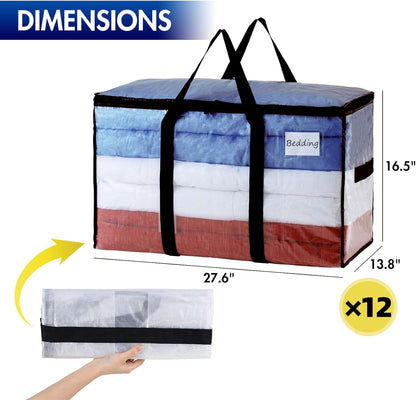TAILI Extra Large Moving Bags, 12 Pack Clear Heavy Duty Totes For Storage with Visible Window, Wrap Around Handles, Storage Bags for Space Saving, Alternative to Moving Boxes