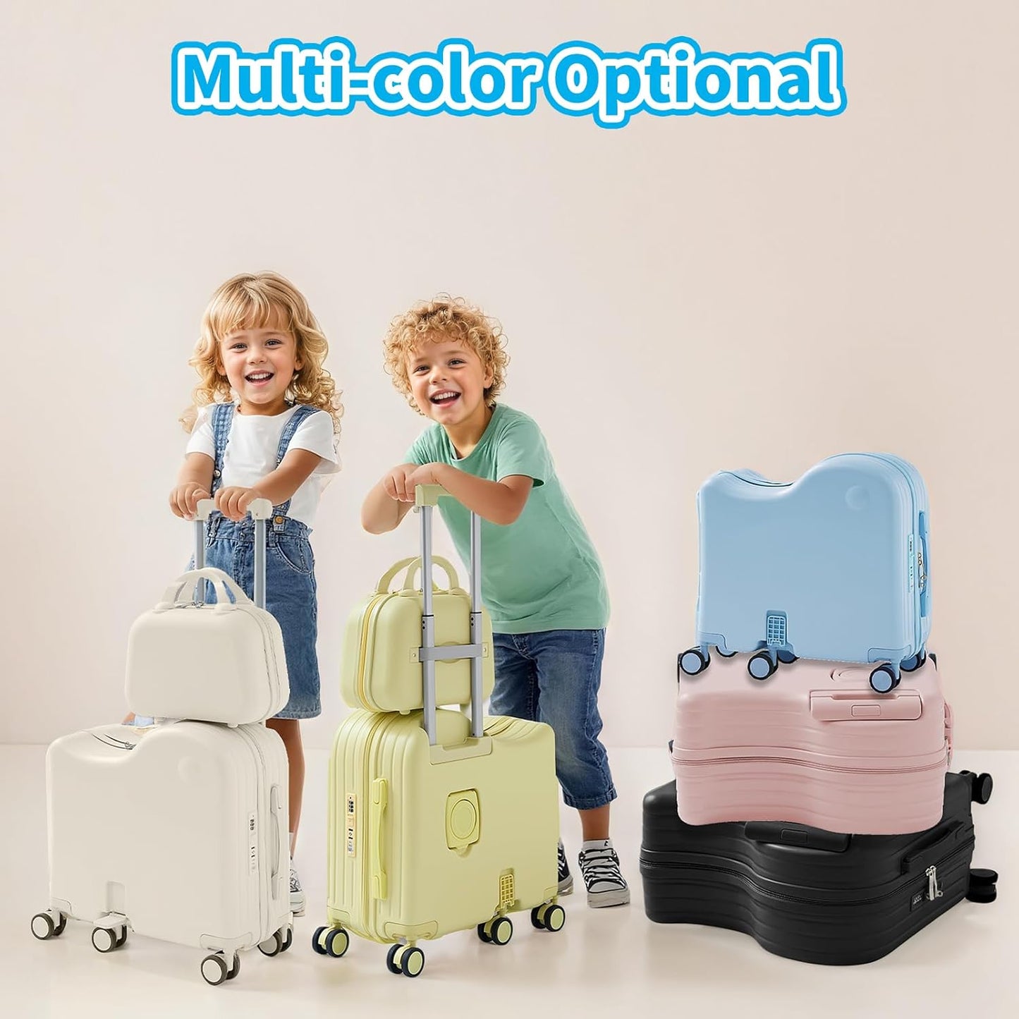 TABU Ride-on Luggage with Handbag for Kids，Hardshell Carry On Suitcase with Hidden Cup Holder, Foldable Pedal,Type-C & USB Interface, TSA Lock, 6-Spinner Wheels, White