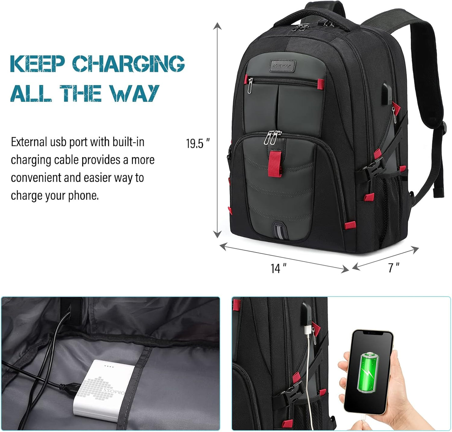 LOVEVOOK 17 inch Travel Laptop Backpack, DarkGrey, Waterproof, Anti-Theft with Lock, USB Charging Port, Large Capacity, Multi-Purpose