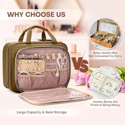 Toiletry Bag for Women with Jewelry Organizer Compartment, Travel Makeup Cosmetic Bag with Hanging Hook for Full-sized Toiletries, Shampoo - Brown