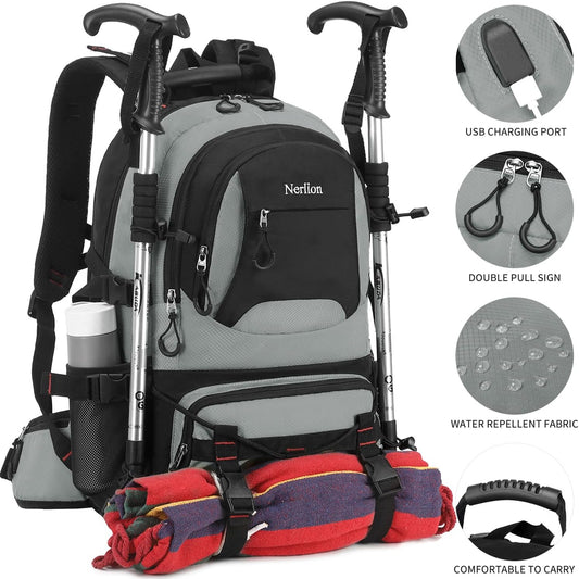 Nerlion 40L Hiking Backpack Travel Backpack for Men Women Camping Waterproof Outdoor Hiking Daypack Lightweight Backpack (Light Gray)