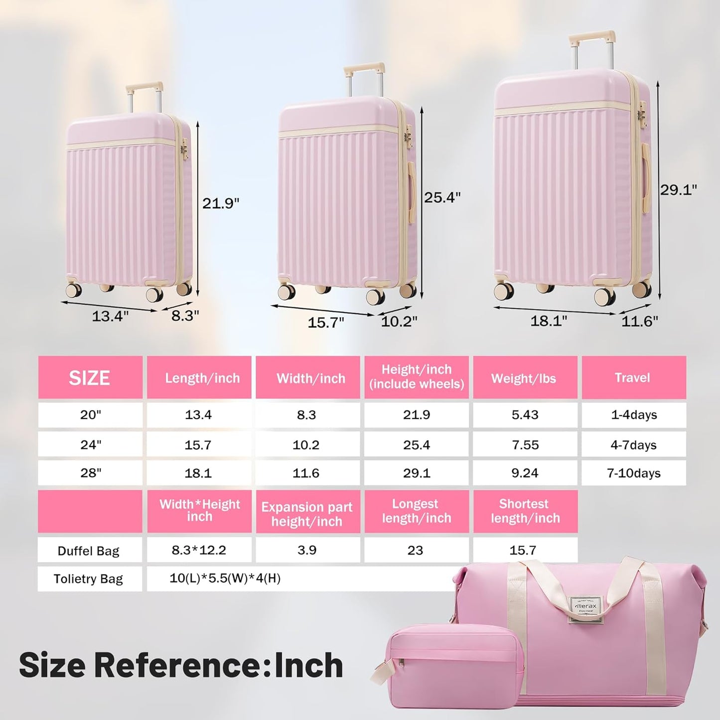 Merax Luggage Sets, Durable Hardshell 3 Piece Suitcase with Double Spinner Wheels and Handle Bags,Lightweight Carry on Luggage with TSA Lock,20+24+28 inches,Pink