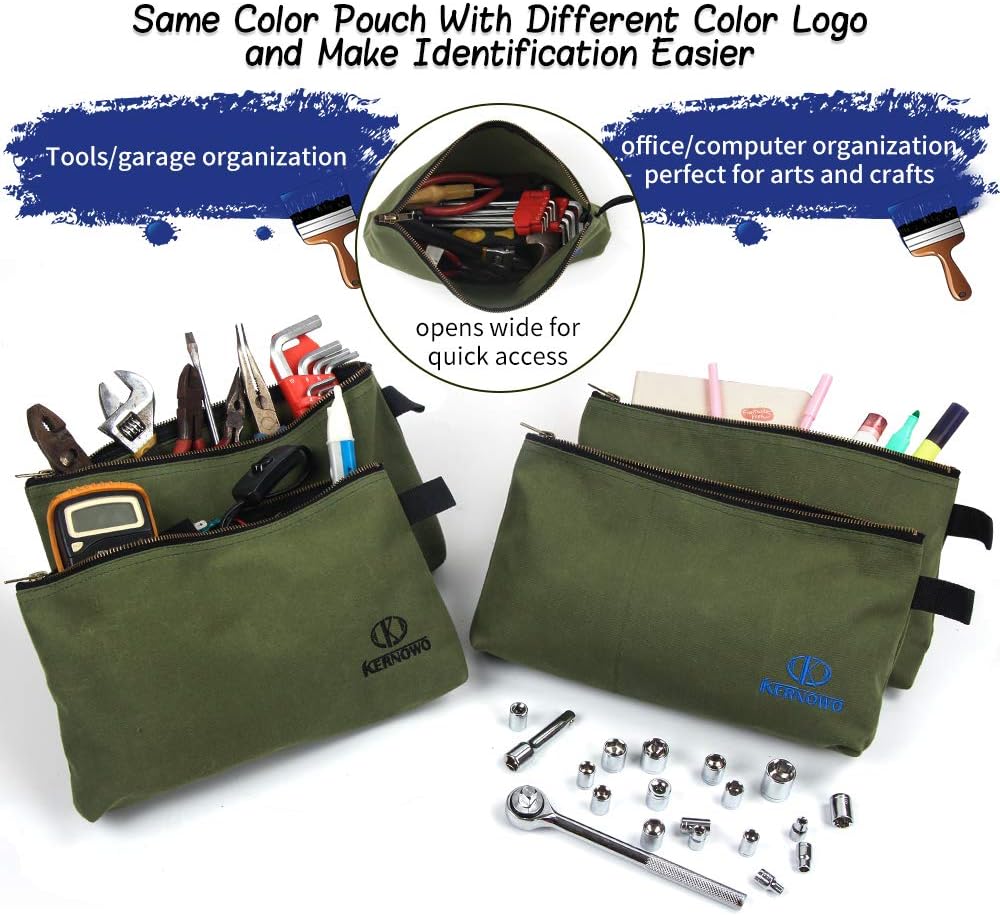 KERNOWO 4 Pack Upgrade Zipper Canvas Tool Pouch, 20 oz Heavy Duty Tool Bag, Water Resistant Utility tools Organizer, 12.75 X 8 X 2.25 inch Spacious Storage Pouches with Dependable Brass Zippers