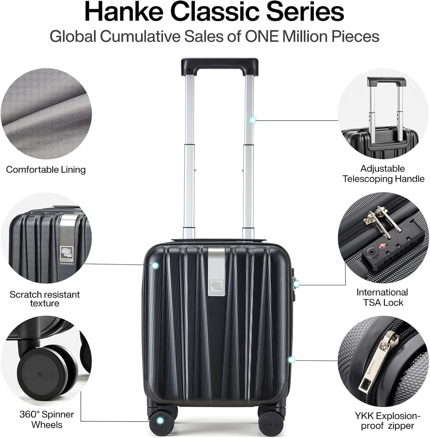 Hanke 14 Inch Underseat Carry On Luggage with Wheels Hard Shell Suitcases Carry On Bag Lightweight Small Mini Suitcase Tsa Luggage for Travel.（Jet Black）