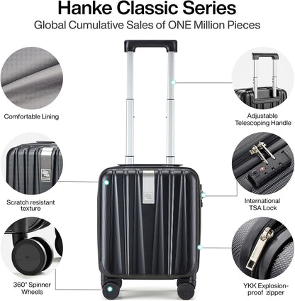 Hanke 14 Inch Underseat Carry On Luggage with Wheels Hard Shell Suitcases Carry On Bag Lightweight Small Mini Suitcase Tsa Luggage for Travel.（Jet Black）
