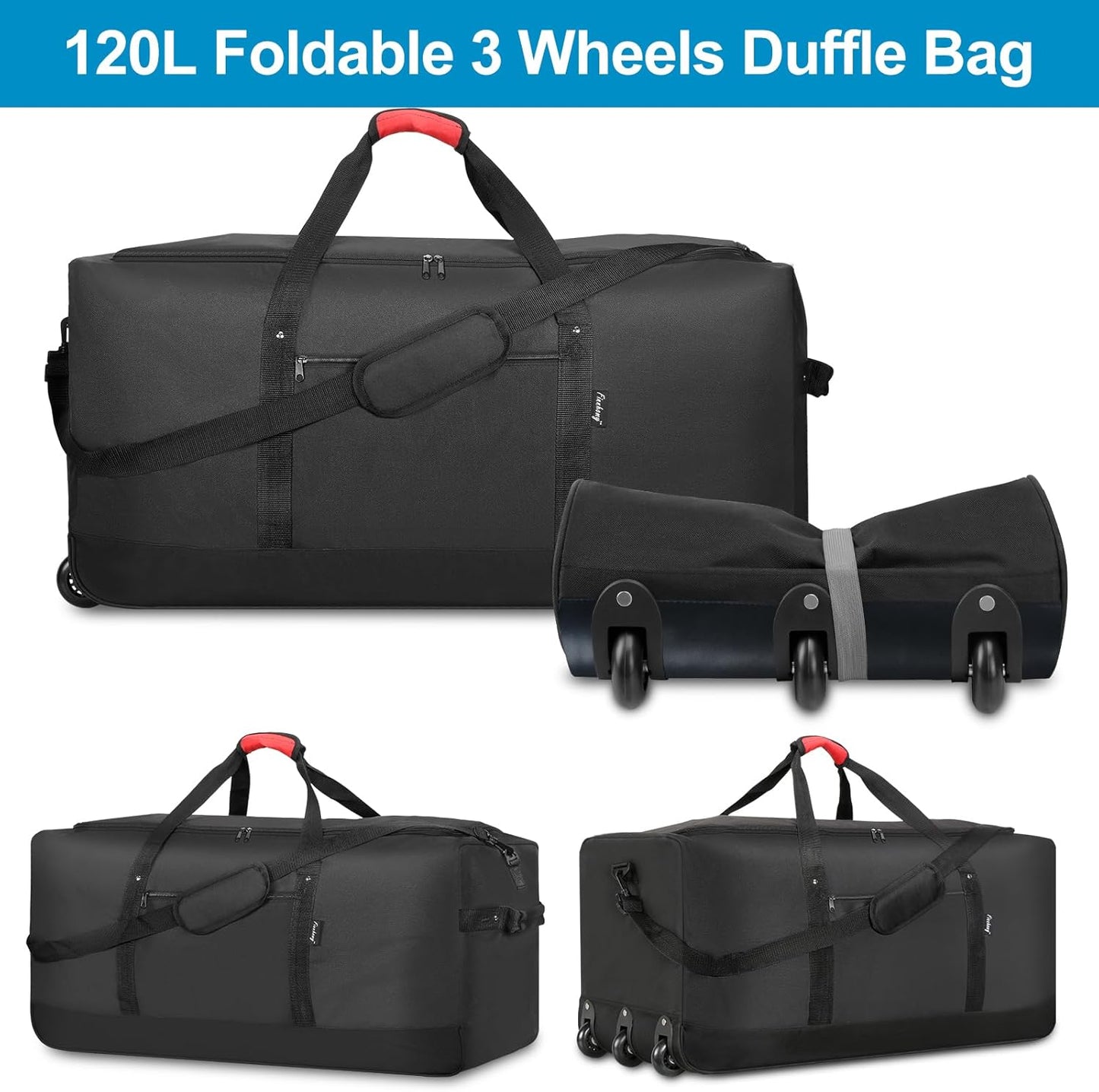 Finnhomy 120L Foldable Rolling Duffel Bag with 3 Wheels, Light Weight Travel Duffel bag with Large Loading Capacity, 32 inch Rolling Duffel bag with Shoulder Strap for Travel Camping Sports