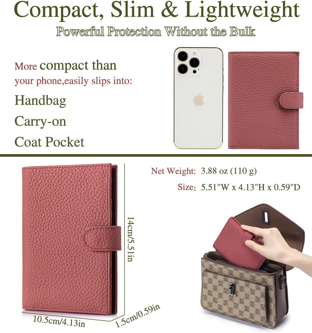 Slim RFID Passport Wallet for Women – Leather Travel Passport Holder for Men with Passport Slot & Card Slots, Zippered Coin Pocket & Cash Holder Travel Organizer Brick Red