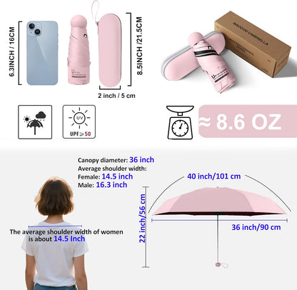 BAODINI Travel Mini Umbrella for Purse With Case Small Compact UV Sun Protection Sun Lightweight Tiny Pocket Umbrella for Women Kids and Men