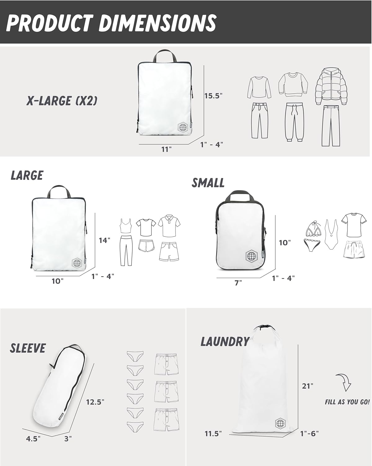 Large Compression Packing Cubes for Travel-Packing Cube Luggage Organizers 7 Piece Set for Checked Luggage-Ultralight, Expandable/Compression Bags by TRIPPED Travel Gear (White/Grey)